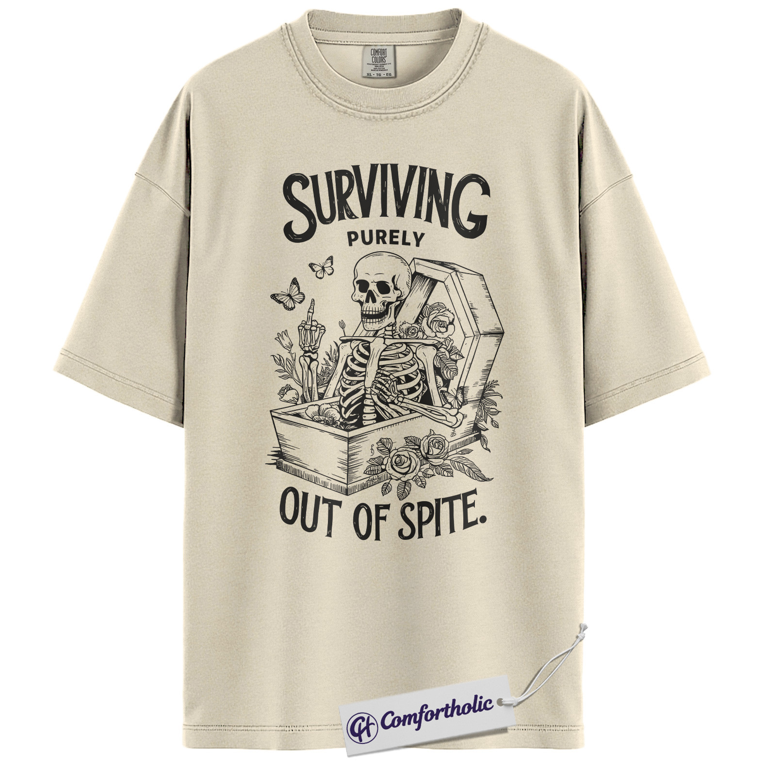 Surviving Out of Spite Shirt, Funny Skeleton Coffin T-Shirt, Dark Humor Graphic Tee, Sarcastic Aesthetic Comfort Colors Shirt