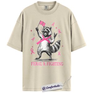 Feral and Fighting Raccoon Shirt, Breast Cancer Awareness T-Shirt, Pink Ribbon Support Graphic Tee, October Survivor Gift For Women, Comfort Colors Shirt