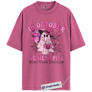 In October We Wear Pink Ghost Shirt, Breast Cancer Awareness Halloween T-Shirt, Pink Ribbon Witch Graphic Tee, Support Survivor Gift for Women, Cancer Awareness Comfort Colors Shirt