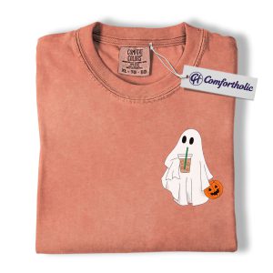 Halloween Ghost Coffee Shirt, Cute Spooky Pumpkin T-Shirt, Fall Aesthetic Graphic Tee, Funny Autumn Outfit for Women, Halloween Comfort Colors Shirt