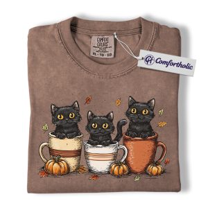 Black Cat Coffee Shirt, Cute Halloween Pumpkin T-Shirt, Fall Aesthetic Graphic Tee, Cozy Autumn Outfit for Cat Lovers, Halloween Comfort Colors Shirt