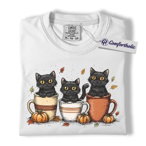 Alternative view of Black Cat Coffee Shirt, Cute Halloween Pumpkin T-Shirt, Fall Aesthetic Graphic Tee, Cozy Autumn Outfit for Cat Lovers, Halloween Comfort Colors Shirt