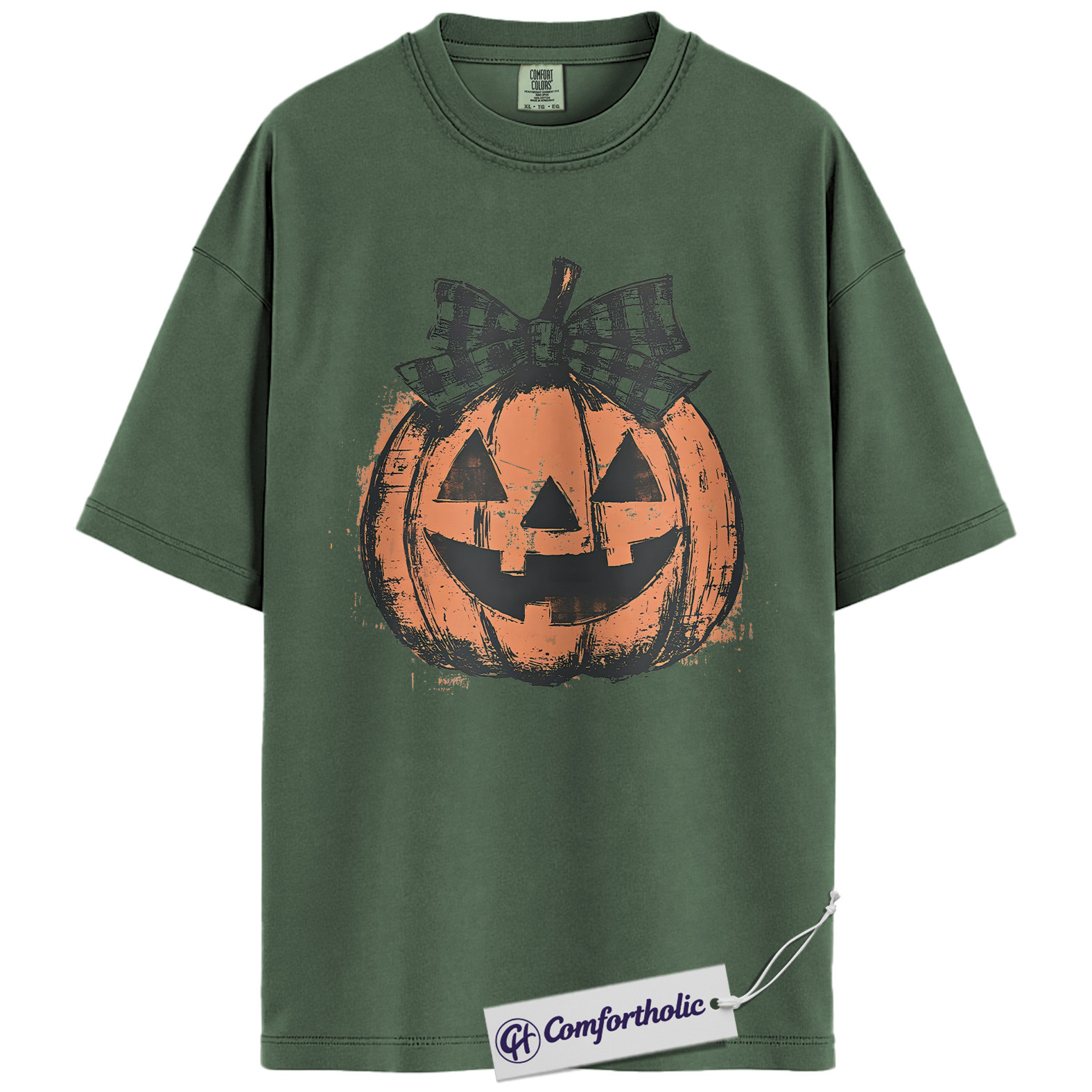 Pumpkin Jack O’Lantern Shirt, Cute Halloween Plaid Bow T-Shirt, Rustic Fall Pumpkin Graphic Tee, Spooky Autumn Outfit, Halloween Comfort Colors Shirt - Image 6