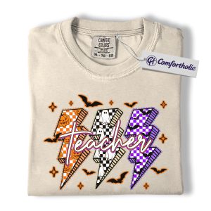Halloween Teacher Shirt, Spooky Lightning Bolt T-Shirt, Cute Pumpkin Ghost Bat Graphic Tee, Fall School Outfit, Halloween Comfort Colors Shirt