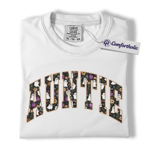 Alternative view of Halloween Auntie Shirt, Spooky Ghost Floral T-Shirt, Cute Fall Family Graphic Tee, Fun Autumn Outfit for Aunts, Halloween Comfort Colors Shirt