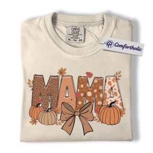 Fall Mama Shirt, Autumn Pumpkin Bow T-Shirt, Cute Thanksgiving Graphic Tee, Cozy Seasonal Outfit for Moms, Family Comfort Colors Shirt