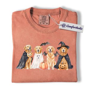 Halloween Golden Retriever Shirt, Cute Dog Costume T-Shirt, Pumpkin Ghost Bat Graphic Tee, Funny Fall Pet Lover Outfit, Animal Comfort Colors Shirt
