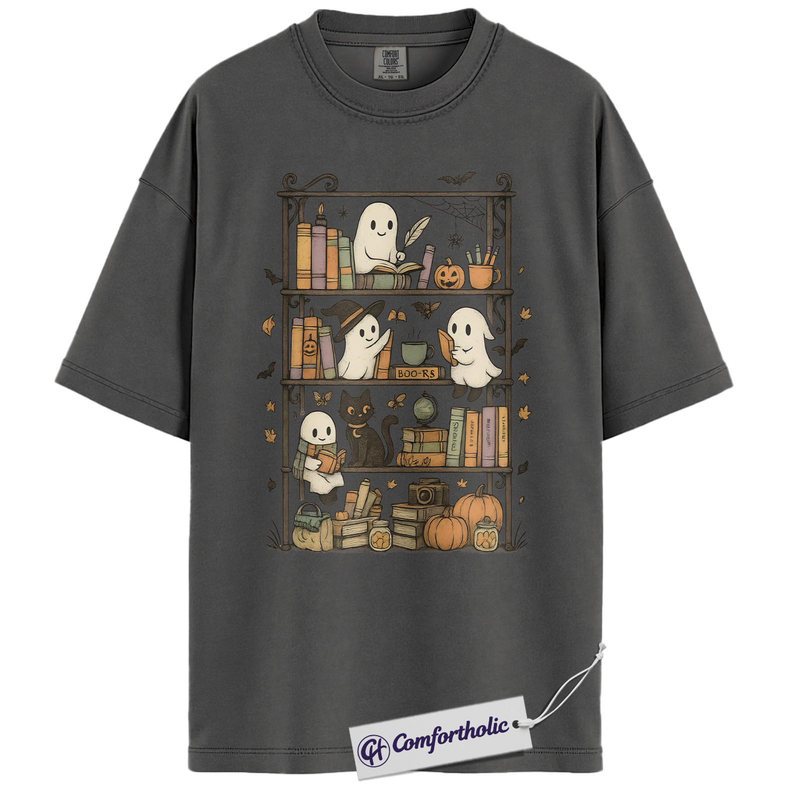 Halloween Ghost Bookshelf Shirt, Cute Book Lover T-Shirt, Spooky Black Cat Pumpkin Graphic Tee, Fall Reading Outfit, Halloween Comfort Colors Shirt - Image 5