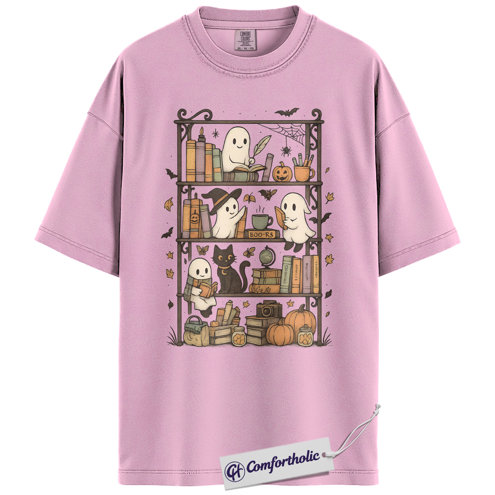 Halloween Ghost Bookshelf Shirt, Cute Book Lover T-Shirt, Spooky Black Cat Pumpkin Graphic Tee, Fall Reading Outfit, Halloween Comfort Colors Shirt - Image 10