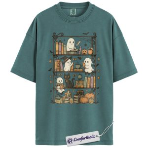 Halloween Ghost Bookshelf Shirt, Cute Book Lover T-Shirt, Spooky Black Cat Pumpkin Graphic Tee, Fall Reading Outfit, Halloween Comfort Colors Shirt