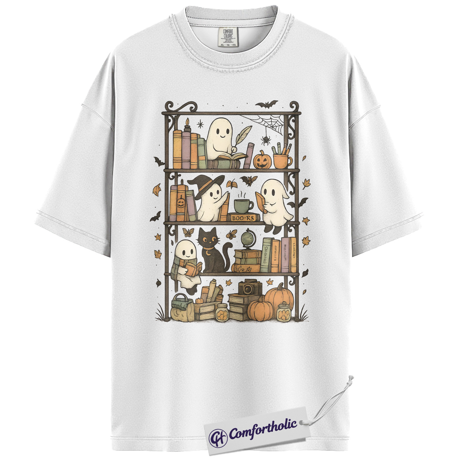Halloween Ghost Bookshelf Shirt, Cute Book Lover T-Shirt, Spooky Black Cat Pumpkin Graphic Tee, Fall Reading Outfit, Halloween Comfort Colors Shirt - Image 3