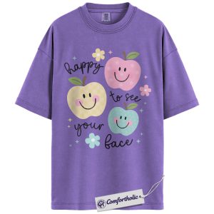 Happy to See Your Face Shirt, Cute Smiley Apple T-Shirt, Positive Teacher Appreciation Tee, Kindness Classroom Graphic Gift, Comfort Colors Shirt