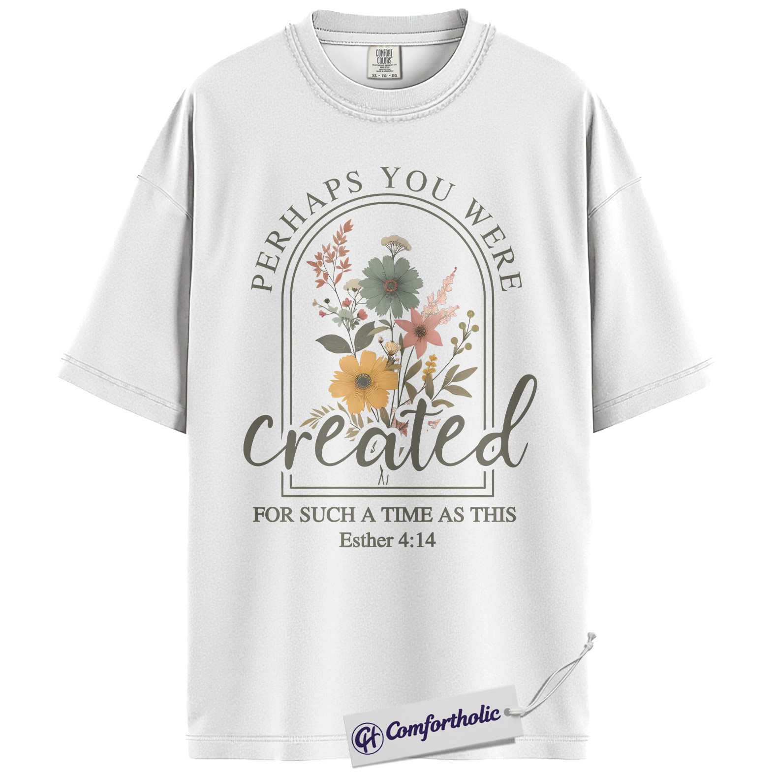 Perhaps You Were Created Shirt, Christian Bible Verse T-Shirt, Esther 4:14 Floral Faith Graphic Tee, Inspirational Scripture Gift for Women, Comfort Colors Shirt - Image 3
