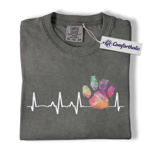 Alternative view of Colorful Paw Print Heartbeat Shirt, Funny Vet Tech T-Shirt, Dog Cat Lover Graphic Tee, Rainbow Animal Rescue Gift, Comfort Colors Shirt