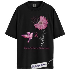 Alternative view of Faith Hope Love Breast Cancer Awareness Shirt, Pink Ribbon Hummingbird T-Shirt, Floral Christian Support Tee for Women, October Cancer Awareness Gift, Comfort Colors Shirt