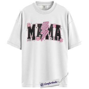 Alternative view of Lightning Bolt Mama Shirt, Cute Retro Mom T-Shirt, Trendy Checker Smiley Face Graphic Tee, Aesthetic Mother’s Day Gift for Moms, Family Comfort Colors Shirt