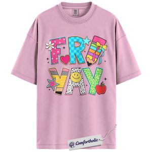 Friyay Teacher Shirt, Colorful Friday T-Shirt for Women, Happy Smiley Face Graphic Tee, Fun School Spirit Comfort Colors Shirt