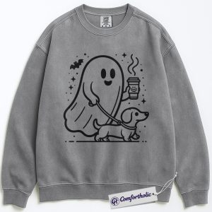 Alternative view of Halloween Ghost Walking Dog Sweatshirt, Coffee Lover Ghost Pet Graphic Sweatshirt, Spooky Dachshund Costume Sweatshirt, Fall Comfort Colors Sweatshirt