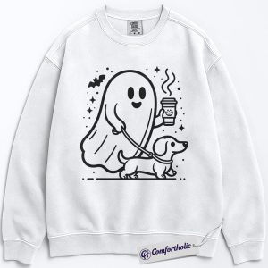 Halloween Ghost Walking Dog Sweatshirt, Coffee Lover Ghost Pet Graphic Sweatshirt, Spooky Dachshund Costume Sweatshirt, Fall Comfort Colors Sweatshirt