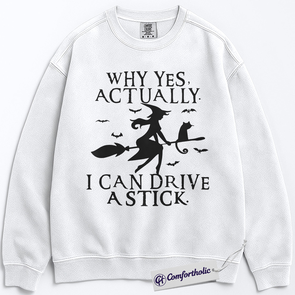 Why Yes I Can Drive a Stick Sweatshirt, Funny Witch Halloween Sweatshirt, Spooky Cat and Broom Graphic Sweatshirt, Cute Fall Party Gift, Halloween Comfort Colors Sweatshirt - Image 2
