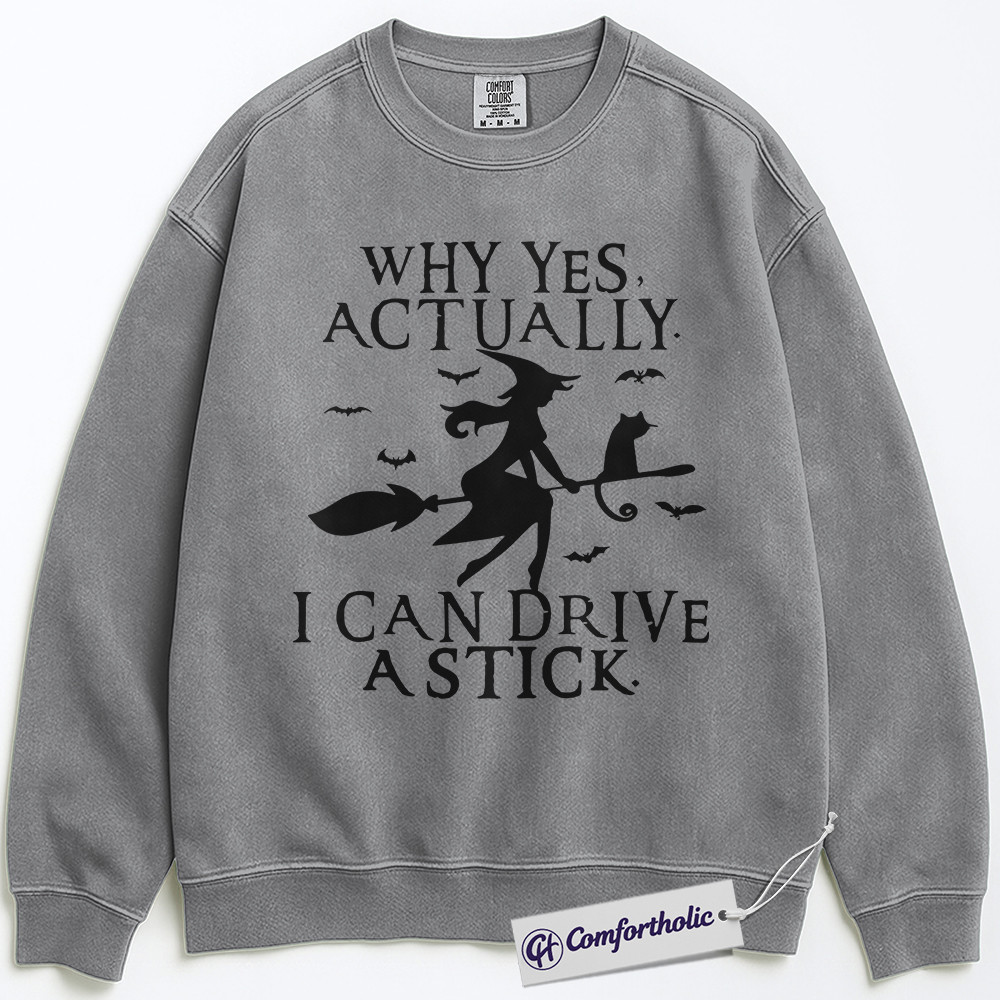 Why Yes I Can Drive a Stick Sweatshirt, Funny Witch Halloween Sweatshirt, Spooky Cat and Broom Graphic Sweatshirt, Cute Fall Party Gift, Halloween Comfort Colors Sweatshirt - Image 3