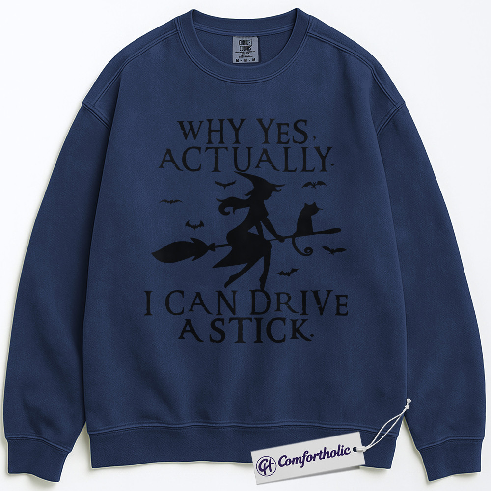 Why Yes I Can Drive a Stick Sweatshirt, Funny Witch Halloween Sweatshirt, Spooky Cat and Broom Graphic Sweatshirt, Cute Fall Party Gift, Halloween Comfort Colors Sweatshirt - Image 5