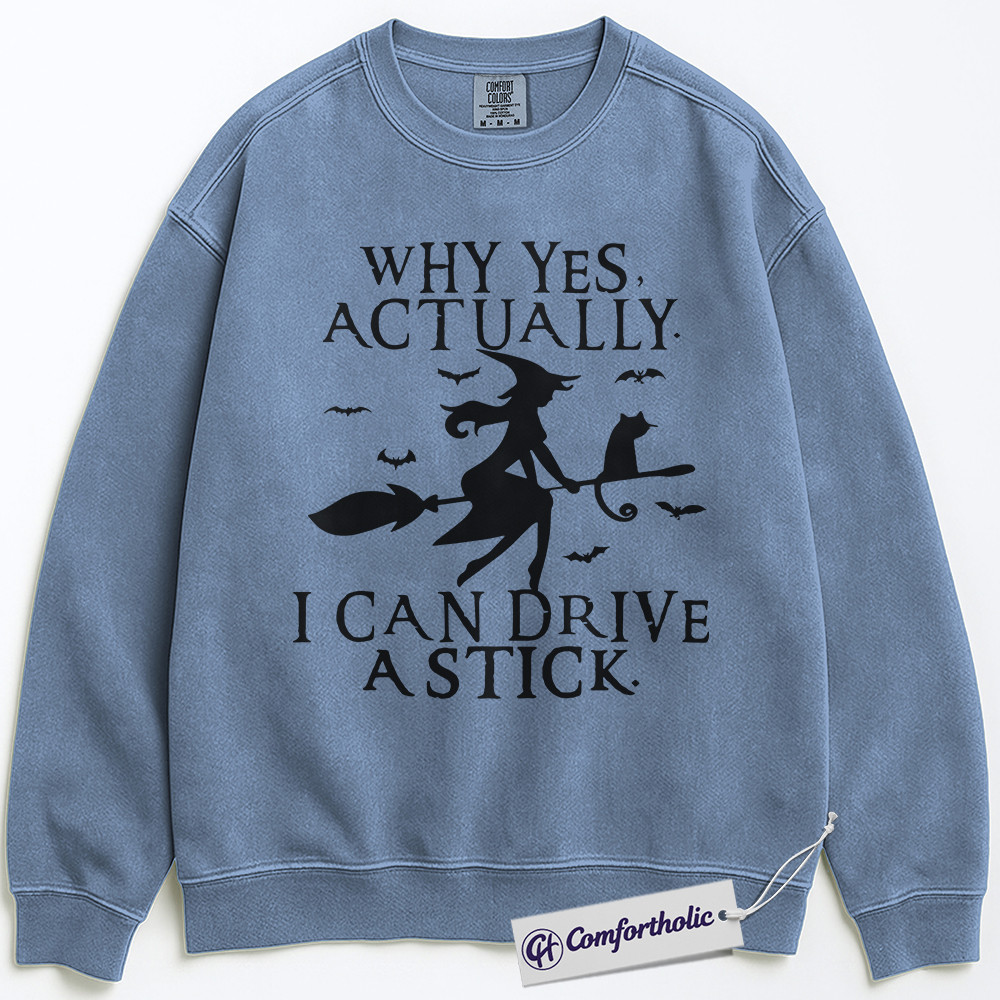 Why Yes I Can Drive a Stick Sweatshirt, Funny Witch Halloween Sweatshirt, Spooky Cat and Broom Graphic Sweatshirt, Cute Fall Party Gift, Halloween Comfort Colors Sweatshirt - Image 6