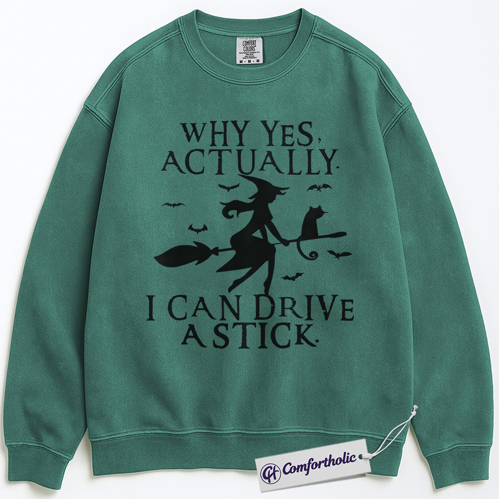 Why Yes I Can Drive a Stick Sweatshirt, Funny Witch Halloween Sweatshirt, Spooky Cat and Broom Graphic Sweatshirt, Cute Fall Party Gift, Halloween Comfort Colors Sweatshirt - Image 7