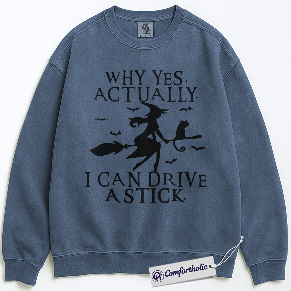 Why Yes I Can Drive a Stick Sweatshirt, Funny Witch Halloween Sweatshirt, Spooky Cat and Broom Graphic Sweatshirt, Cute Fall Party Gift, Halloween Comfort Colors Sweatshirt - Image 9