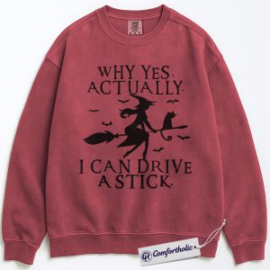 Why Yes I Can Drive a Stick Sweatshirt, Funny Witch Halloween Sweatshirt, Spooky Cat and Broom Graphic Sweatshirt, Cute Fall Party Gift, Halloween Comfort Colors Sweatshirt