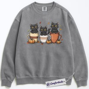 Alternative view of Black Cat Coffee Sweatshirt, Cute Halloween Pumpkin Sweatshirt, Fall Aesthetic Graphic Sweatshirt, Cozy Autumn Outfit for Cat Lovers, Halloween Comfort Colors Sweatshirt