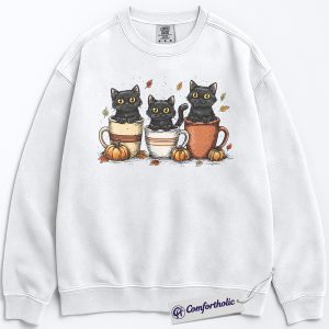 Black Cat Coffee Sweatshirt, Cute Halloween Pumpkin Sweatshirt, Fall Aesthetic Graphic Sweatshirt, Cozy Autumn Outfit for Cat Lovers, Halloween Comfort Colors Sweatshirt