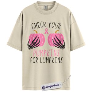Alternative view of Check Your Pumpkins for Lumpkins Shirt, Breast Cancer Awareness T-Shirt, Funny Pink Ribbon Graphic Tee, October Support Gift, Halloween Comfort Colors Shirt
