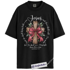 Alternative view of Jesus Cross Christmas Shirt, Matthew 1:21 Bible Verse T-Shirt, Christian Faith Holiday Graphic Tee, Religious Christmas Gift for Women, Christmas Comfort Colors Shirt