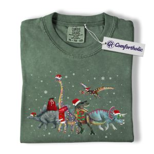 Alternative view of Dinosaur Christmas Parade Shirt, Funny T-Rex and Triceratops Holiday T-Shirt, Cute Jurassic Christmas Graphic Tee, Dino Lover Gift, Christmas Comfort Colors Shirt