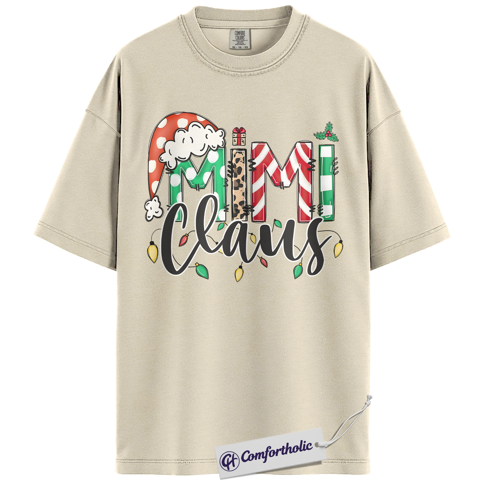 Mimi Claus Christmas Shirt, Cute Grandma Santa T-Shirt, Holiday Leopard and Candy Cane Graphic Tee, Festive Family Matching Gift, Christmas Comfort Colors Shirt