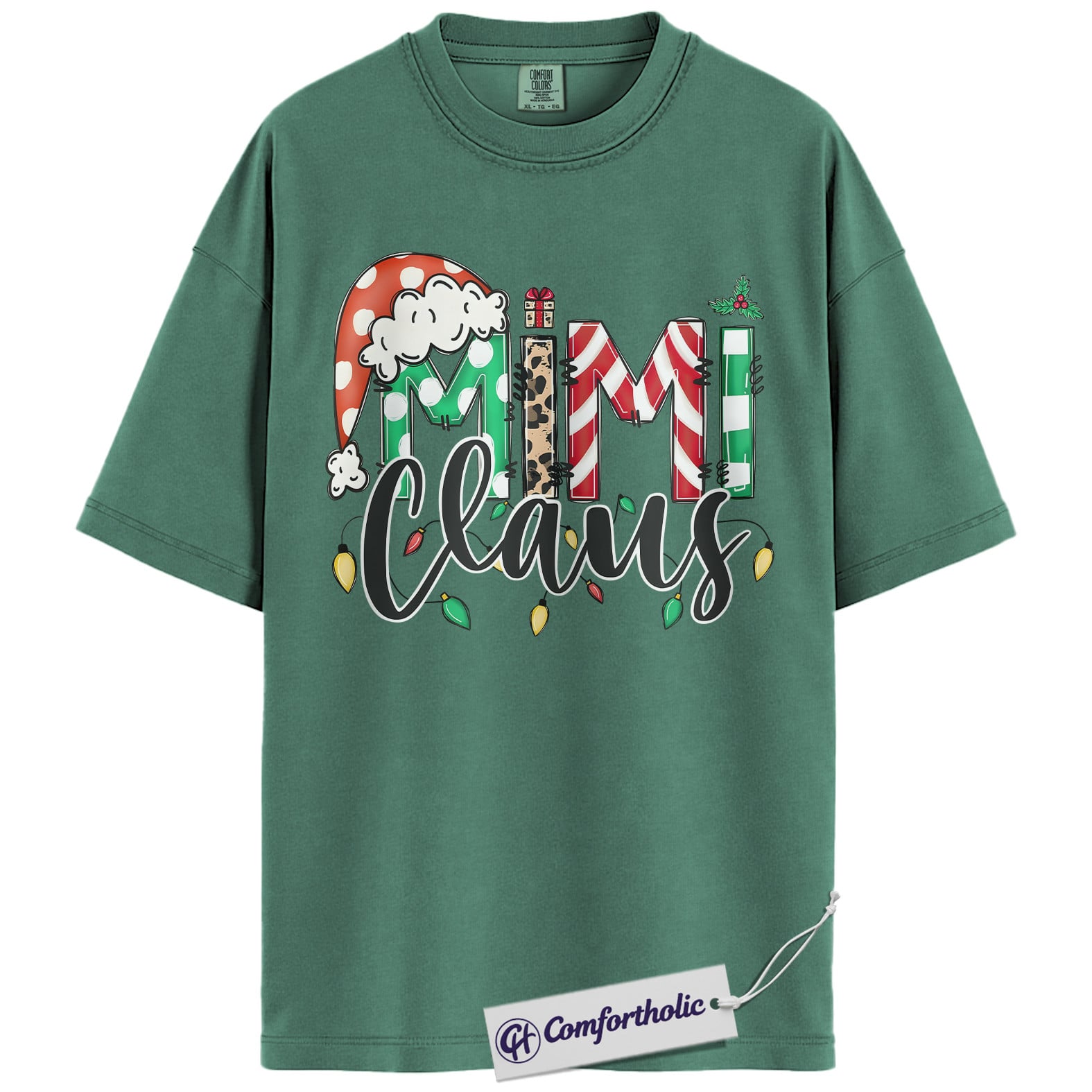 Mimi Claus Christmas Shirt, Cute Grandma Santa T-Shirt, Holiday Leopard and Candy Cane Graphic Tee, Festive Family Matching Gift, Christmas Comfort Colors Shirt - Image 2