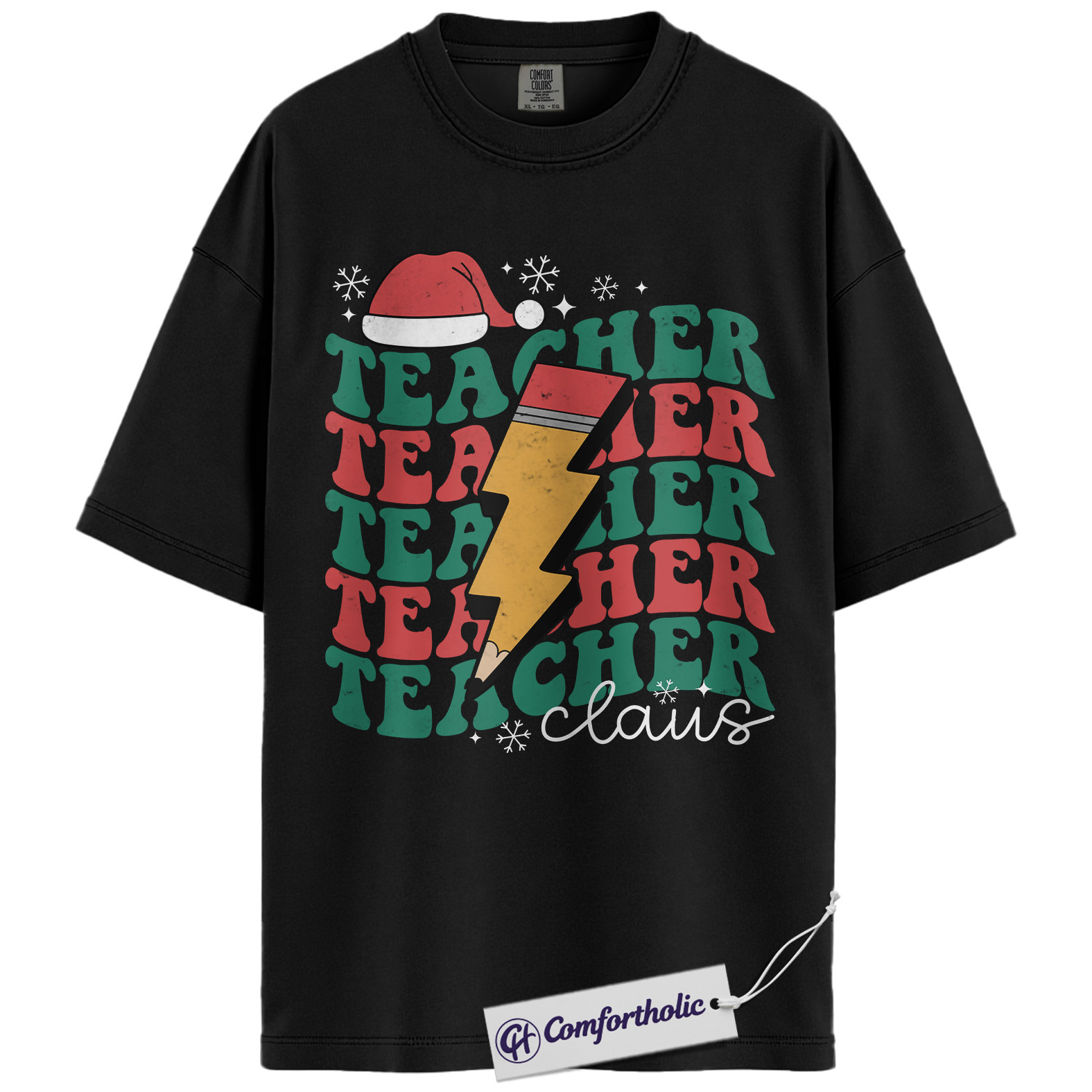 Teacher Claus Christmas Shirt, Funny Holiday Teacher T-Shirt, Lightning Bolt Retro Graphic Tee, Cute Gift for Educators and School Staff, Christmas Comfort Colors Shirt