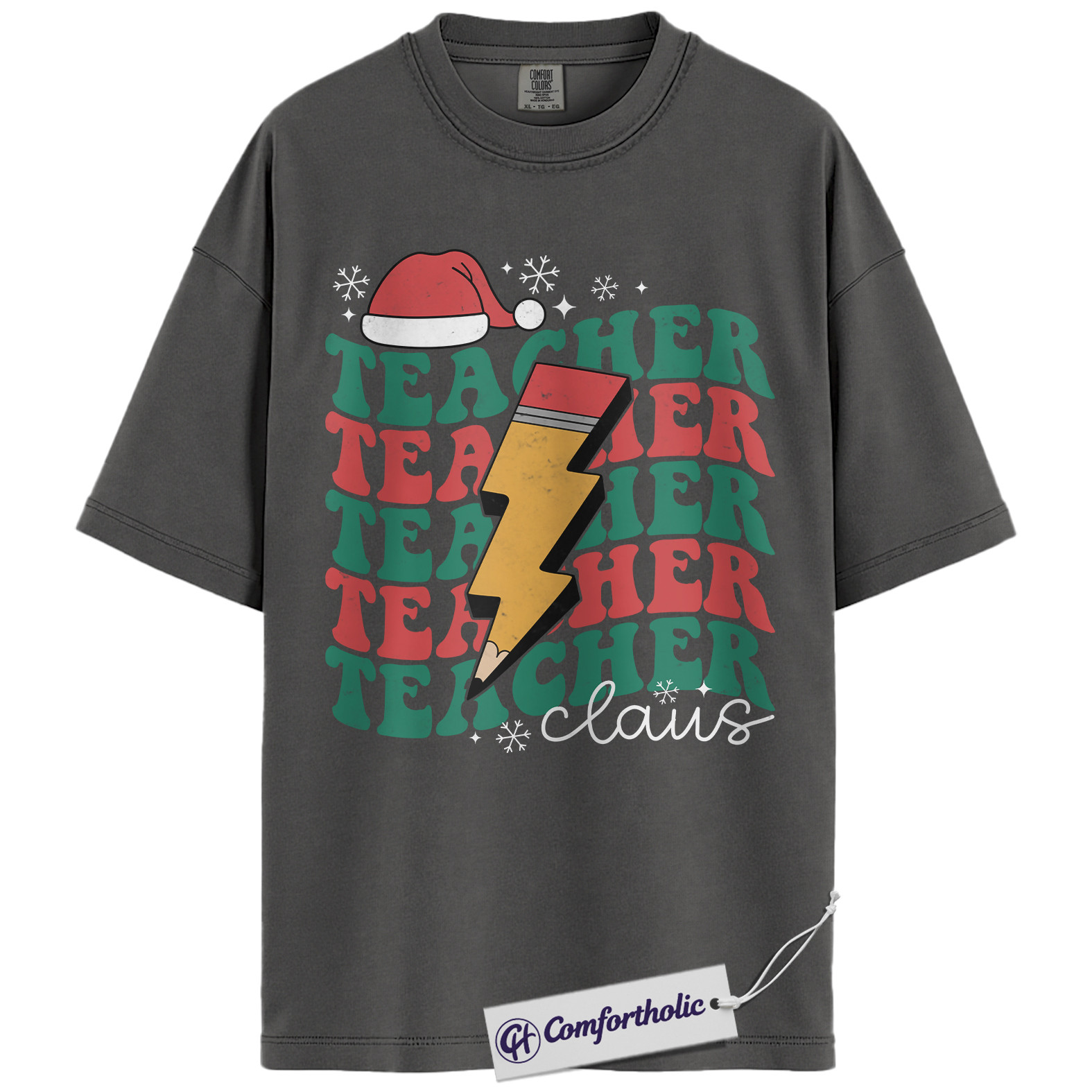 Teacher Claus Christmas Shirt, Funny Holiday Teacher T-Shirt, Lightning Bolt Retro Graphic Tee, Cute Gift for Educators and School Staff, Christmas Comfort Colors Shirt - Image 2