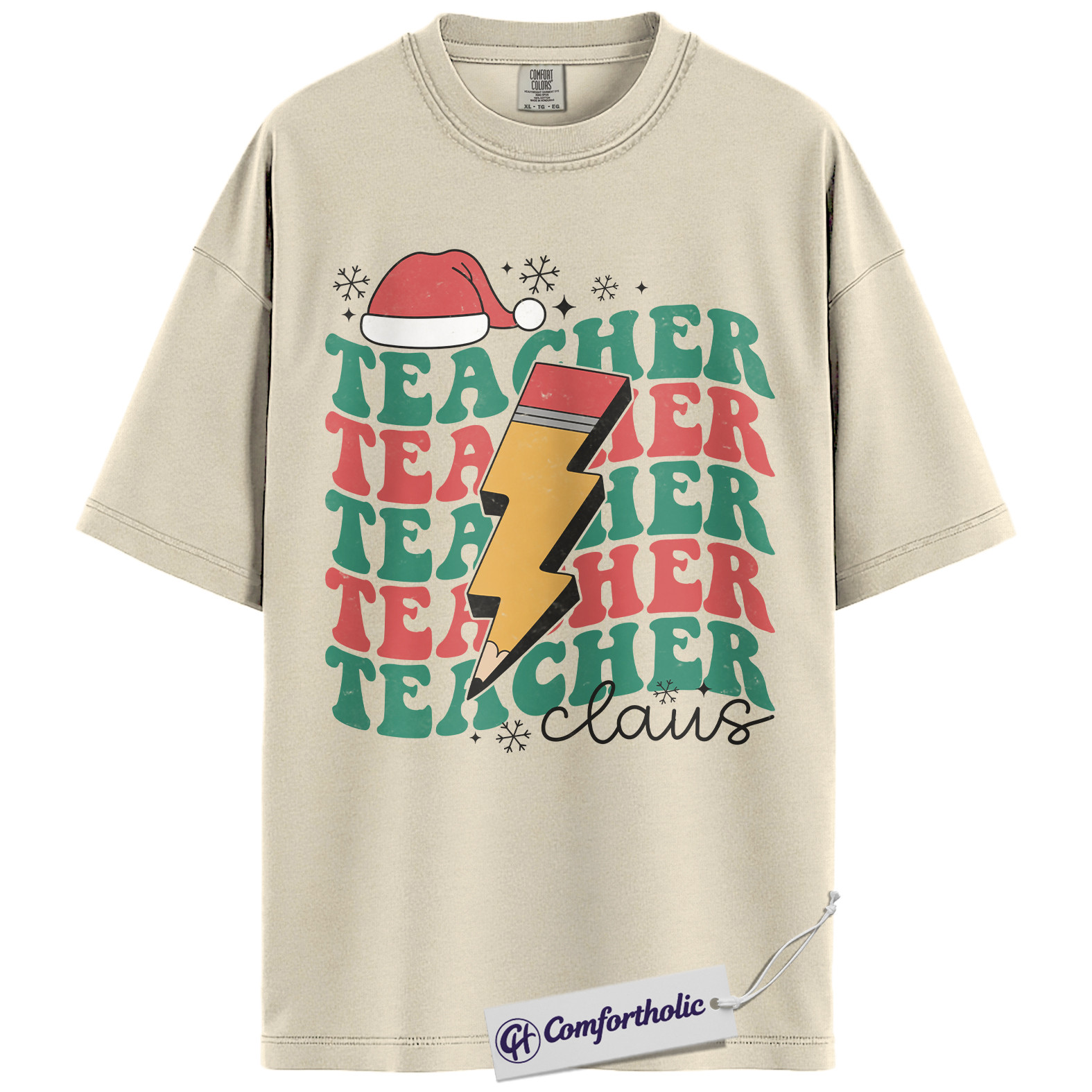Teacher Claus Christmas Shirt, Funny Holiday Teacher T-Shirt, Lightning Bolt Retro Graphic Tee, Cute Gift for Educators and School Staff, Christmas Comfort Colors Shirt - Image 4