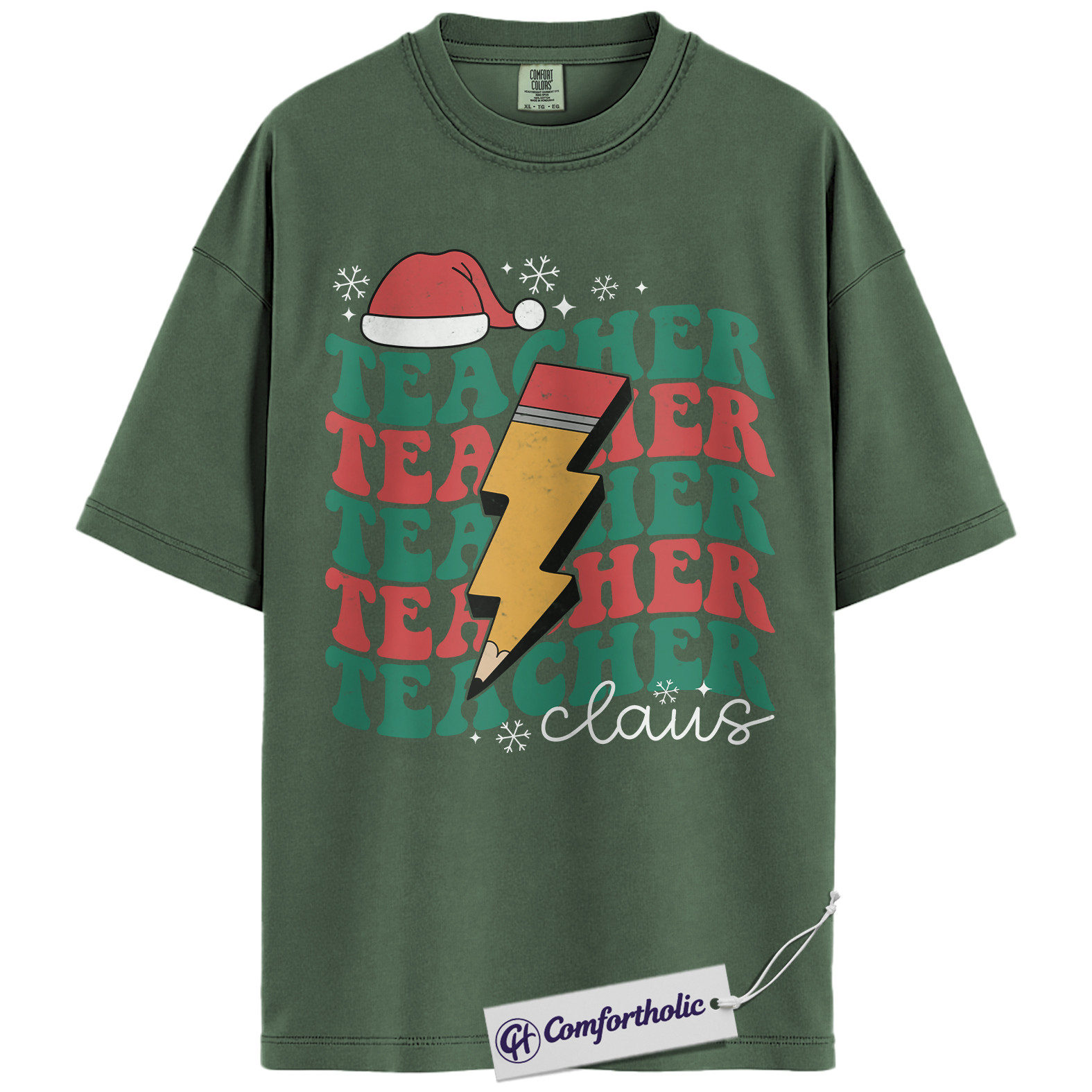 Teacher Claus Christmas Shirt, Funny Holiday Teacher T-Shirt, Lightning Bolt Retro Graphic Tee, Cute Gift for Educators and School Staff, Christmas Comfort Colors Shirt - Image 5
