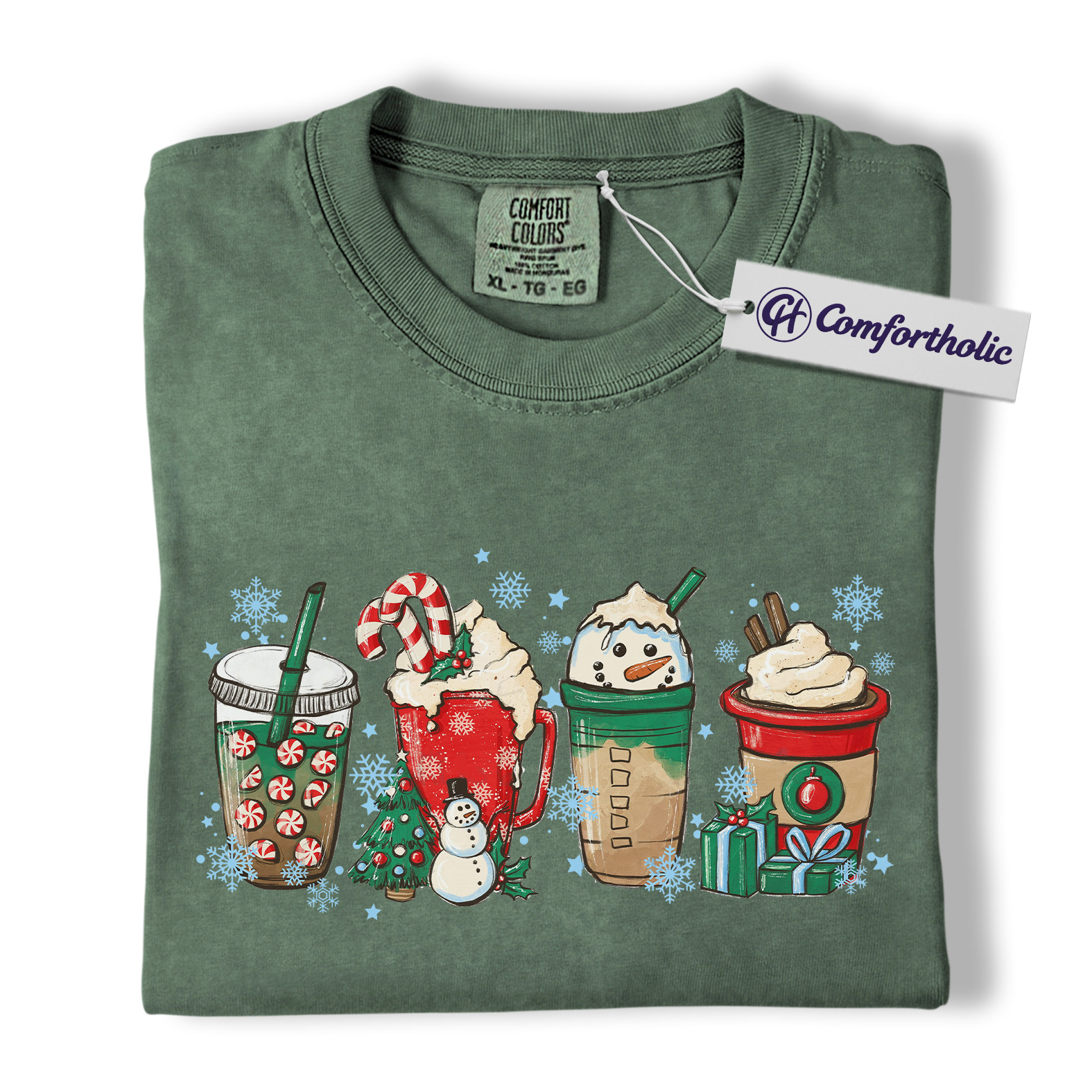 Christmas Coffee Drinks Shirt, Cute Holiday Latte and Cocoa T-Shirt, Festive Snowman and Peppermint Mocha Graphic Tee, Gift for Coffee Lovers, Christmas Comfort Colors Shirt