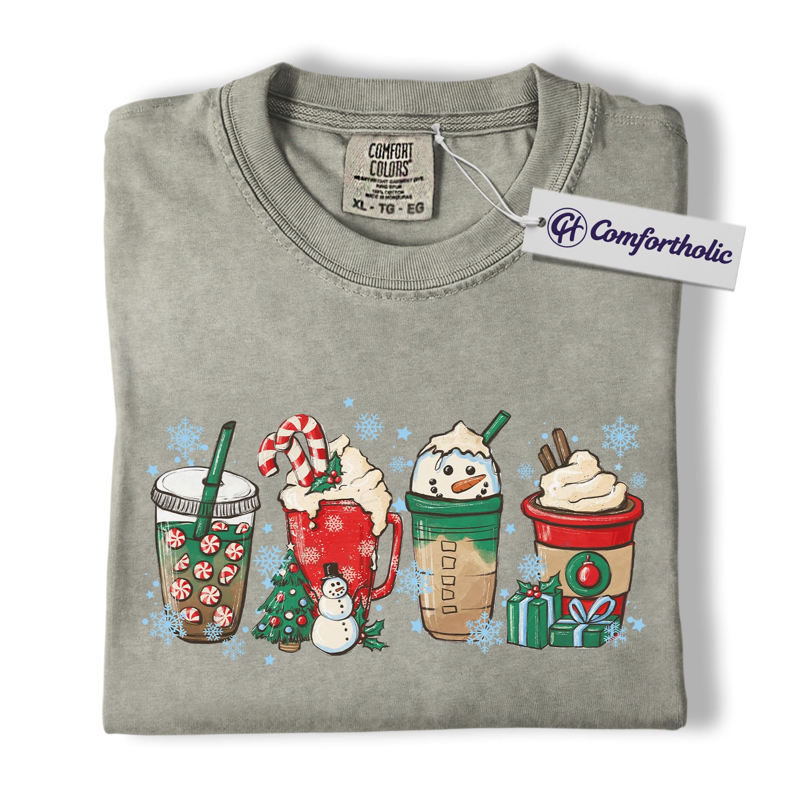 Christmas Coffee Drinks Shirt, Cute Holiday Latte and Cocoa T-Shirt, Festive Snowman and Peppermint Mocha Graphic Tee, Gift for Coffee Lovers, Christmas Comfort Colors Shirt - Image 7