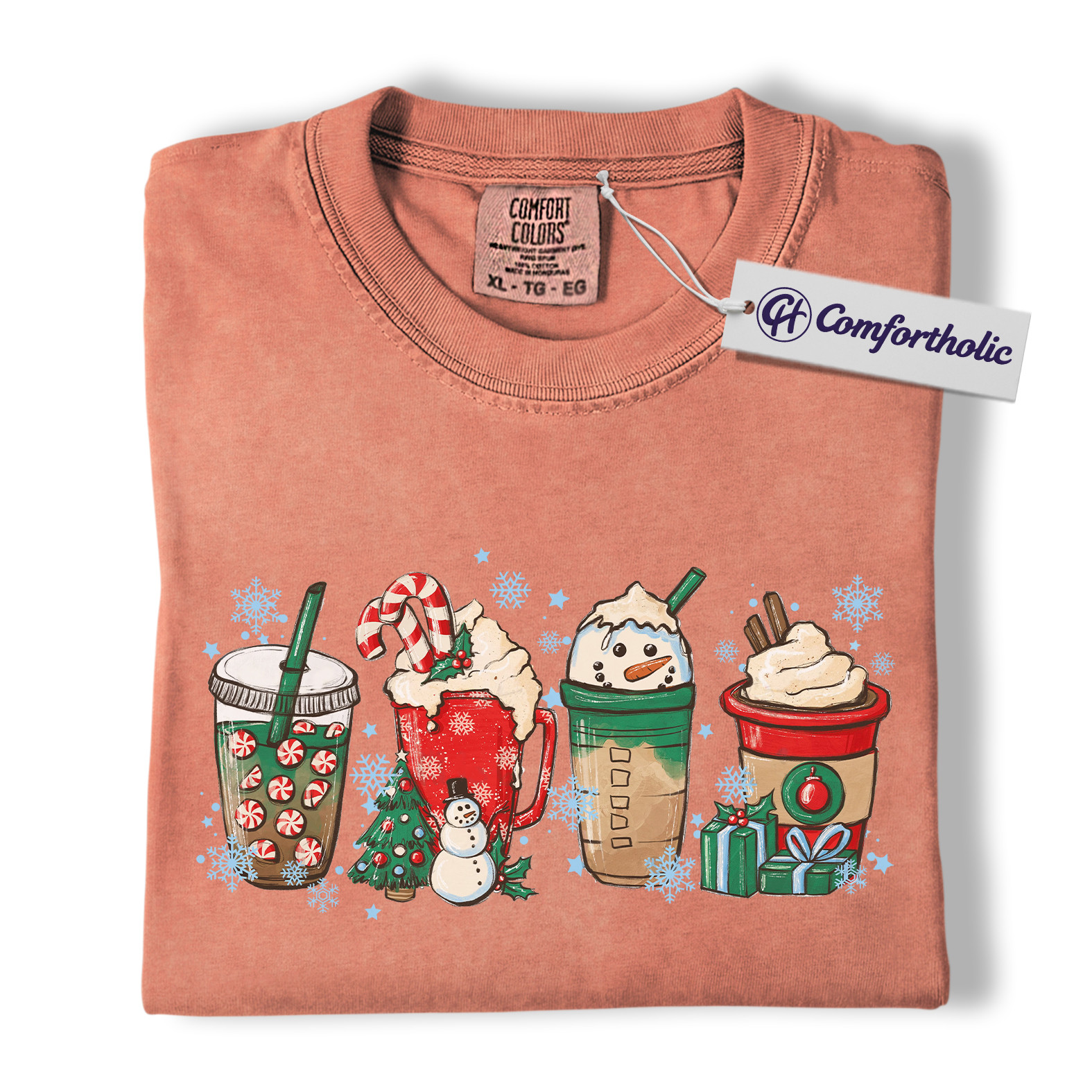 Christmas Coffee Drinks Shirt, Cute Holiday Latte and Cocoa T-Shirt, Festive Snowman and Peppermint Mocha Graphic Tee, Gift for Coffee Lovers, Christmas Comfort Colors Shirt - Image 8