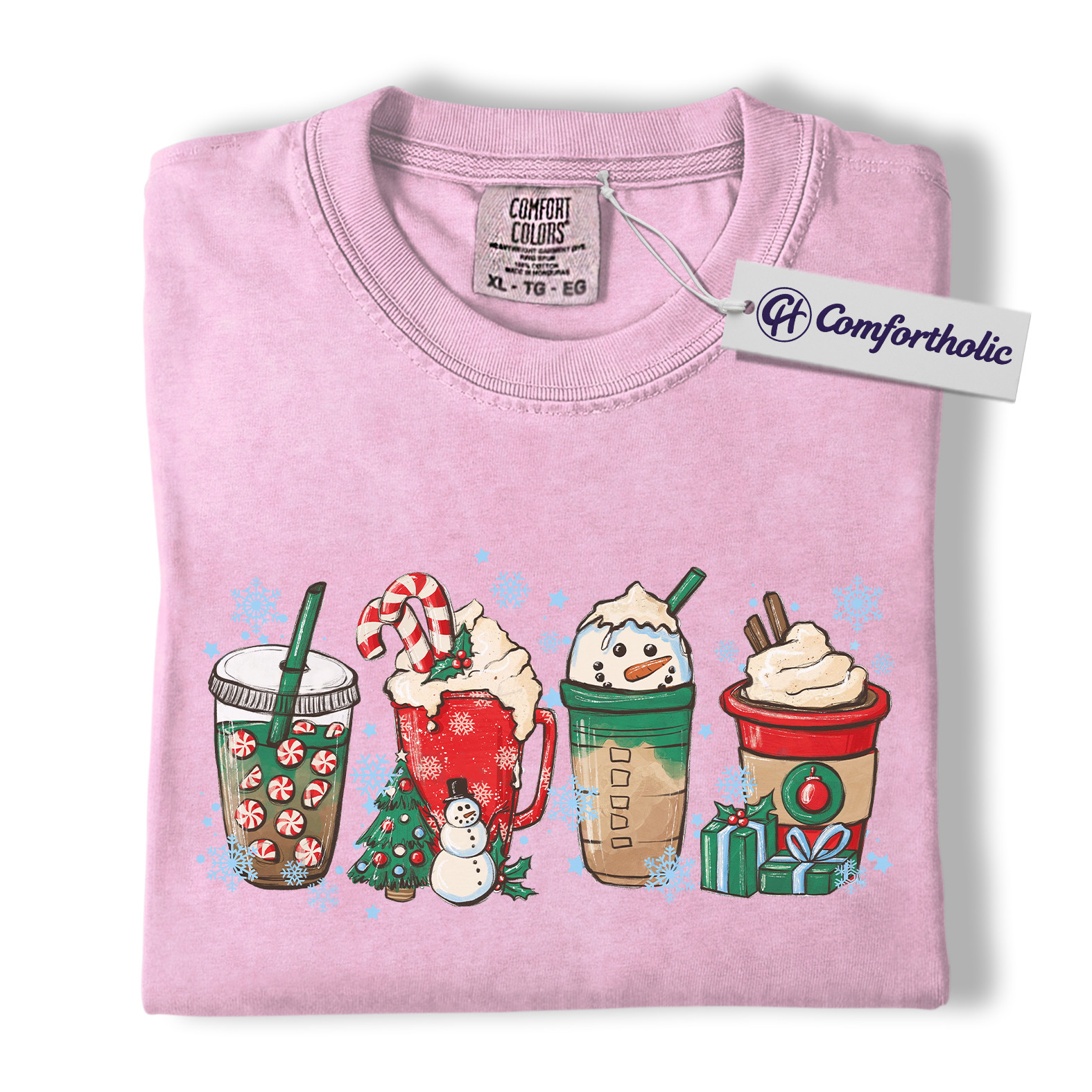 Christmas Coffee Drinks Shirt, Cute Holiday Latte and Cocoa T-Shirt, Festive Snowman and Peppermint Mocha Graphic Tee, Gift for Coffee Lovers, Christmas Comfort Colors Shirt - Image 9