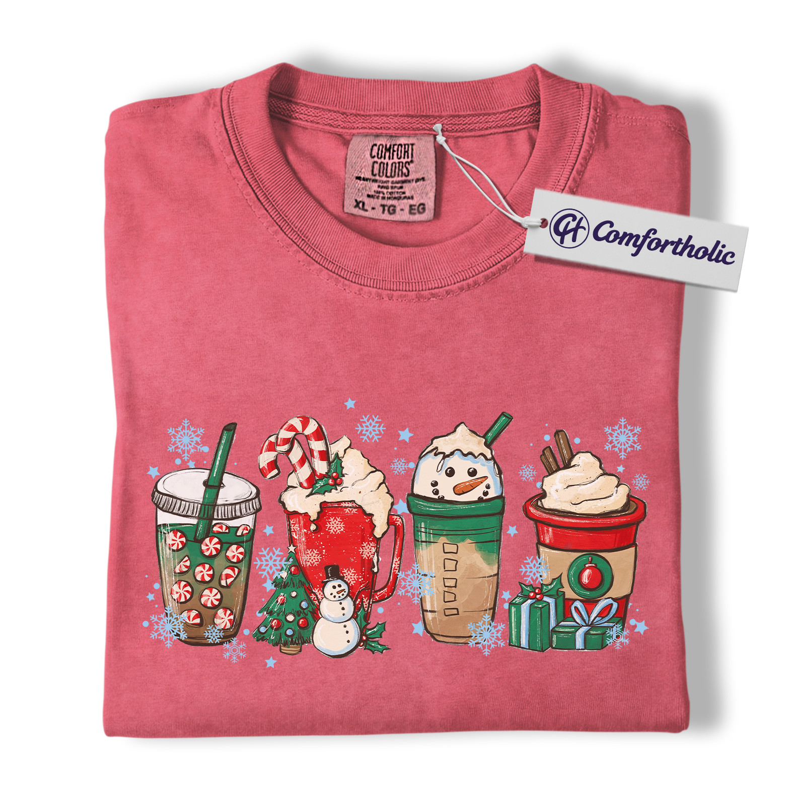 Christmas Coffee Drinks Shirt, Cute Holiday Latte and Cocoa T-Shirt, Festive Snowman and Peppermint Mocha Graphic Tee, Gift for Coffee Lovers, Christmas Comfort Colors Shirt - Image 2