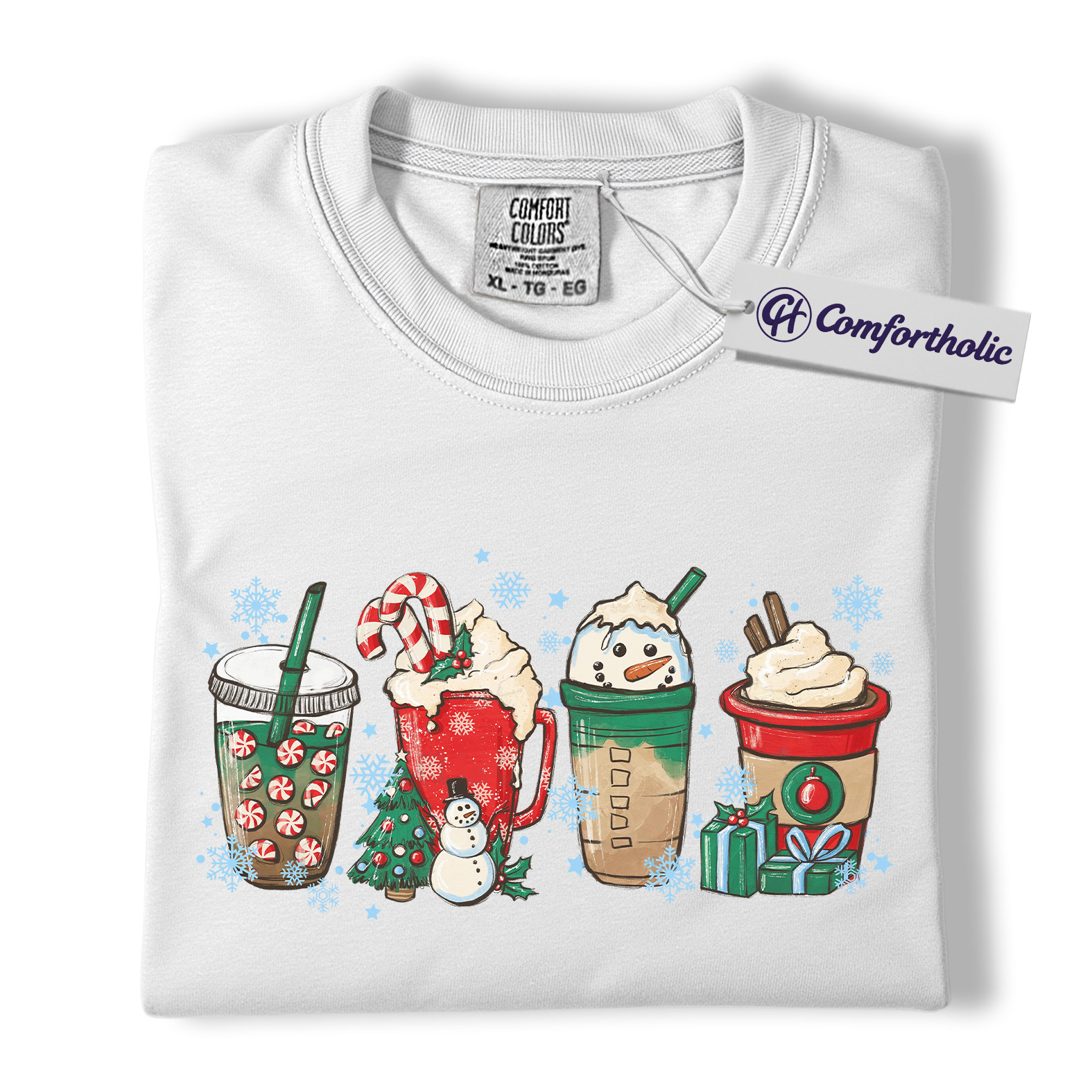 Christmas Coffee Drinks Shirt, Cute Holiday Latte and Cocoa T-Shirt, Festive Snowman and Peppermint Mocha Graphic Tee, Gift for Coffee Lovers, Christmas Comfort Colors Shirt - Image 3
