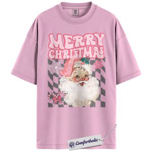 Retro Merry Christmas Shirt, Vintage Santa Claus T-Shirt, Cute Pink Holiday Graphic Tee, Festive Xmas Gift for Women, Christmas Comfort Colors Shirt