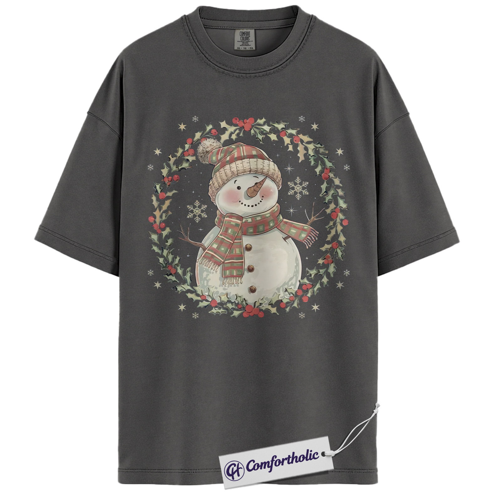 Snowman Christmas Shirt, Cute Winter Snowman Wreath T-Shirt, Festive Holiday Graphic Tee for Women, Cozy Christmas Gift Idea, Christmas Comfort Colors Shirt - Image 5