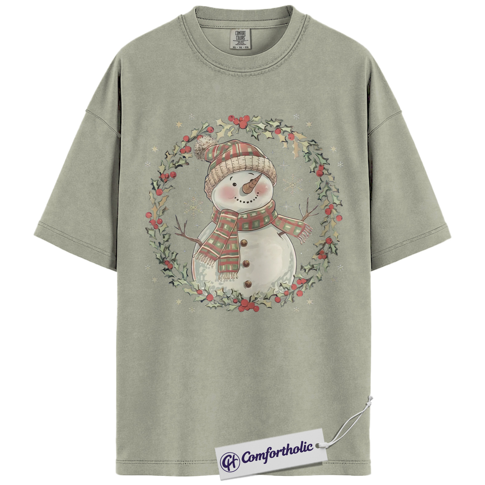 Snowman Christmas Shirt, Cute Winter Snowman Wreath T-Shirt, Festive Holiday Graphic Tee for Women, Cozy Christmas Gift Idea, Christmas Comfort Colors Shirt - Image 7